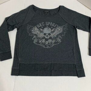 Gray Mens Large Graphic T Shirt Skull Free Spirit Born to Ride Motorcycle